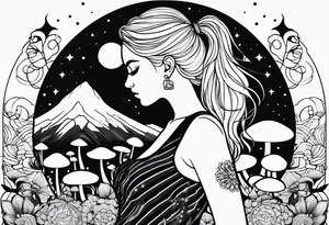 Straight blonde hair girl facing away toward mountains surrounded by mushrooms crescent moon mandala circular design black and white striped dress tattoo idea