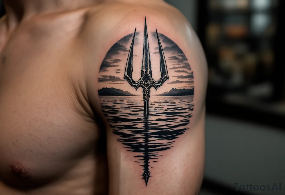 trident half way under calm water at sunset tattoo idea