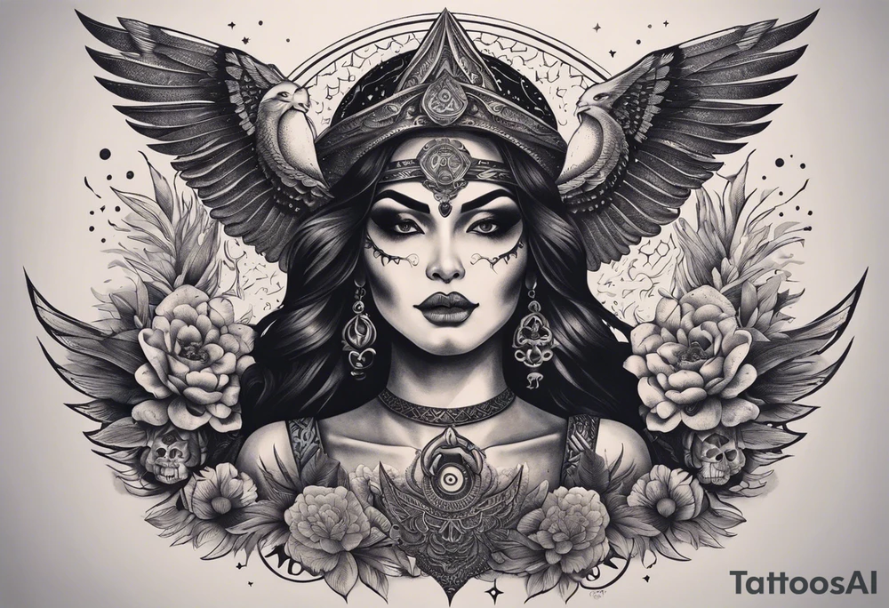 black kali, goddess pirate, alien, angel, pachamama, valkrye, warrior, flying, skull, lotus azul, wing, eagle, zenza resonance, stars, 5D, anahata chakra, death, durga, riding on a tiger, flying lady, kundalini, chest tatoo, rebel tattoo idea