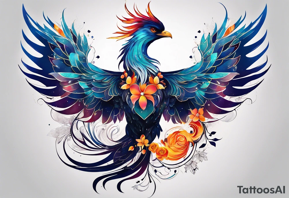Constellation, animal phoenix , snow , géométric , flower tattoo idea