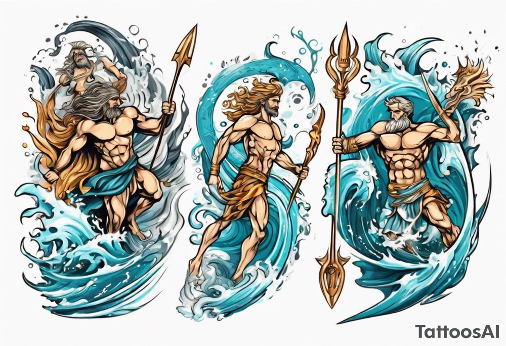 Ancient Greek gods of the sea fighting with surfer  and trident tattoo idea