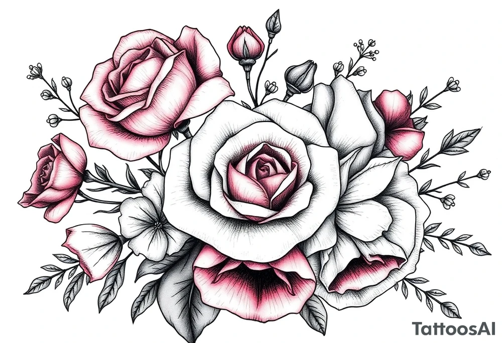 vintage bouquet of wild roses and meadow flowers with morning dew tattoo idea