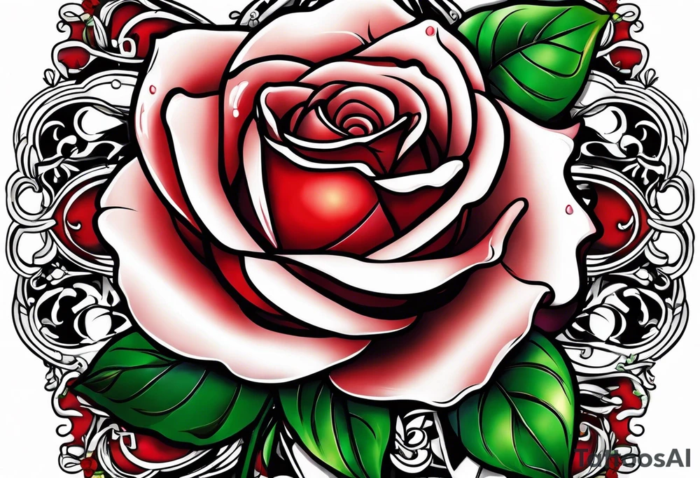 Red rose with a pearl necklace tattoo idea