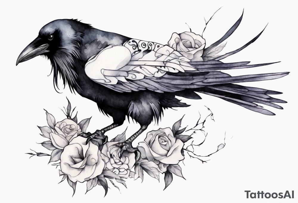 raven wearing a white ribbon around left leg tattoo idea