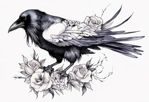raven wearing a white ribbon around left leg tattoo idea