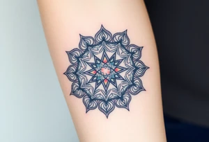 intricate mandala with sacred geometry and cosmic elements with honey combs filling in blank space tattoo idea