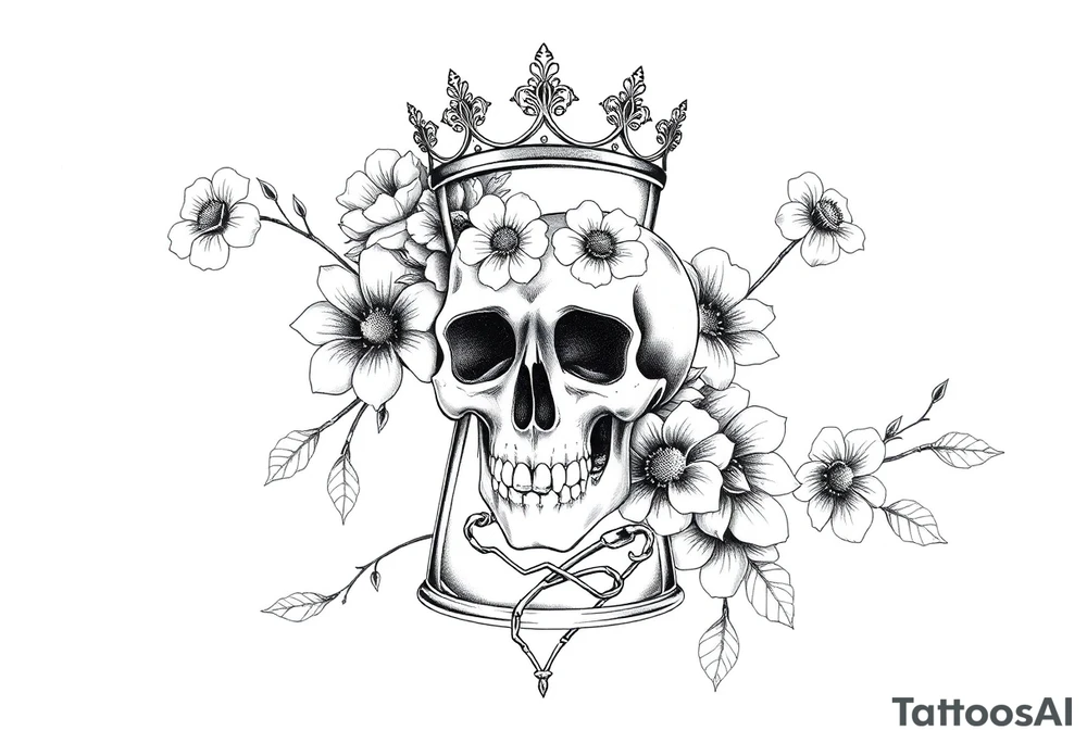 Hourglass with detailed beautiful gothic boho flowers on vine and skull with gorgeous crown tattoo idea