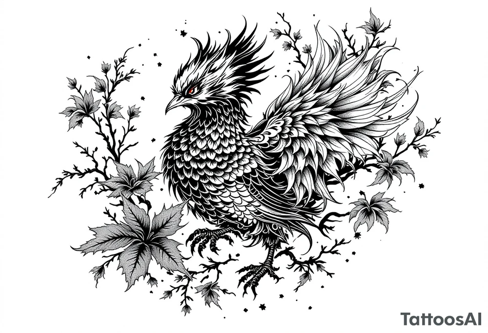 powerful japanese phenix surrounded by maple leaf and cherry blossom tattoo idea