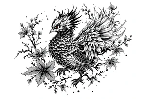 powerful japanese phenix surrounded by maple leaf and cherry blossom tattoo idea