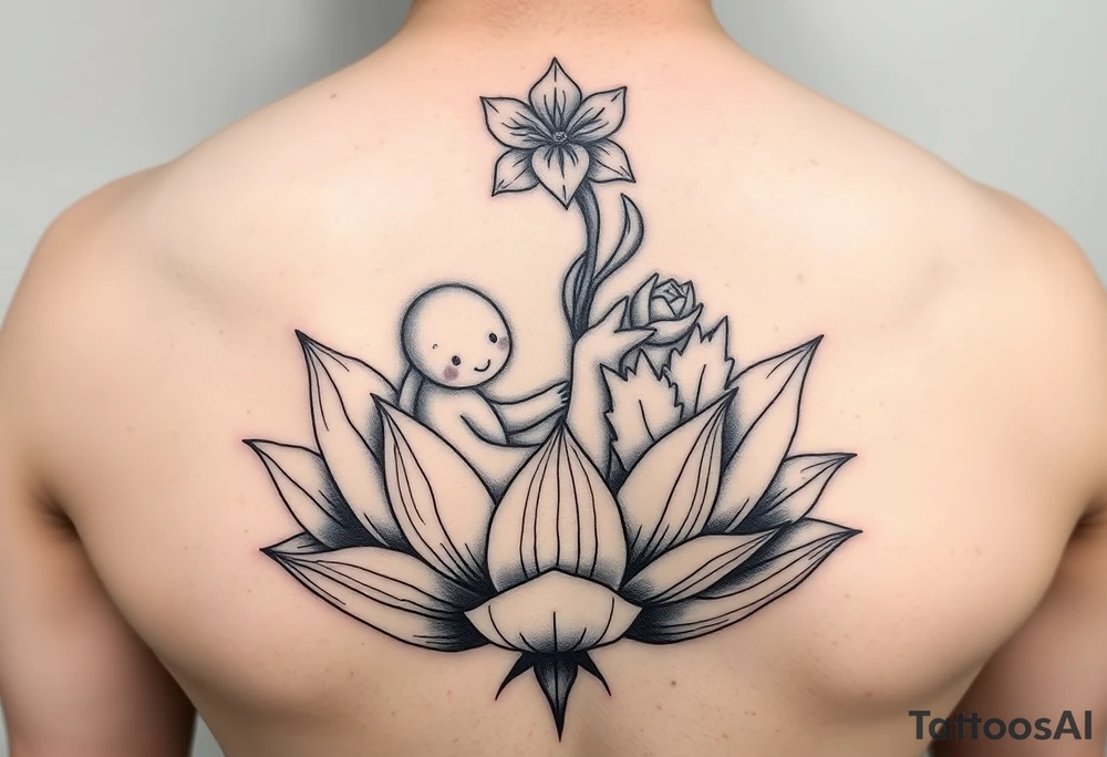 Mère assise en lotus qui allaite son bébé, la mère à une fleur de lys sur la tête et des racines d’arbre de vie tattoo idea