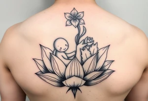 Mère assise en lotus qui allaite son bébé, la mère à une fleur de lys sur la tête et des racines d’arbre de vie tattoo idea