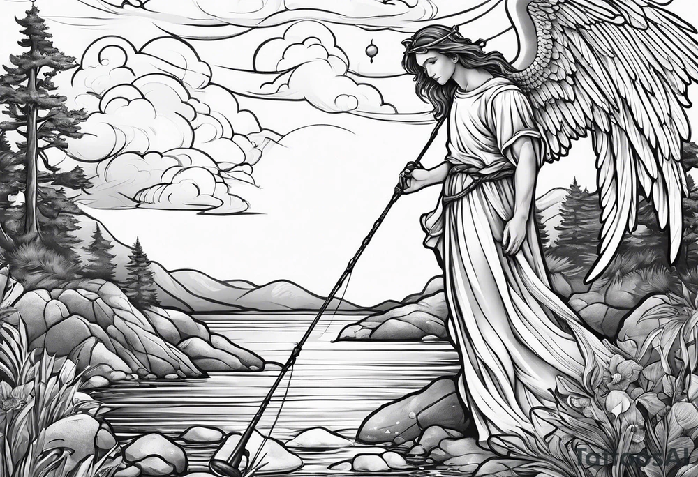 male angel with halo fishing in on a shore tattoo idea