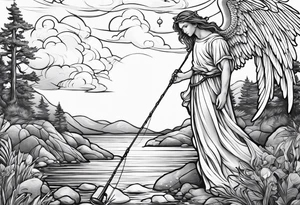 male angel with halo fishing in on a shore tattoo idea