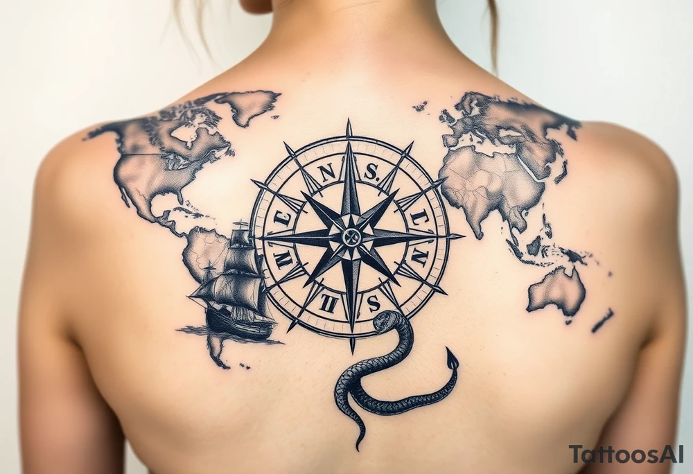 antique compass rose overlaid on weathered world map with sailing ships and a snake tattoo idea