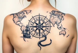 antique compass rose overlaid on weathered world map with sailing ships and a snake tattoo idea