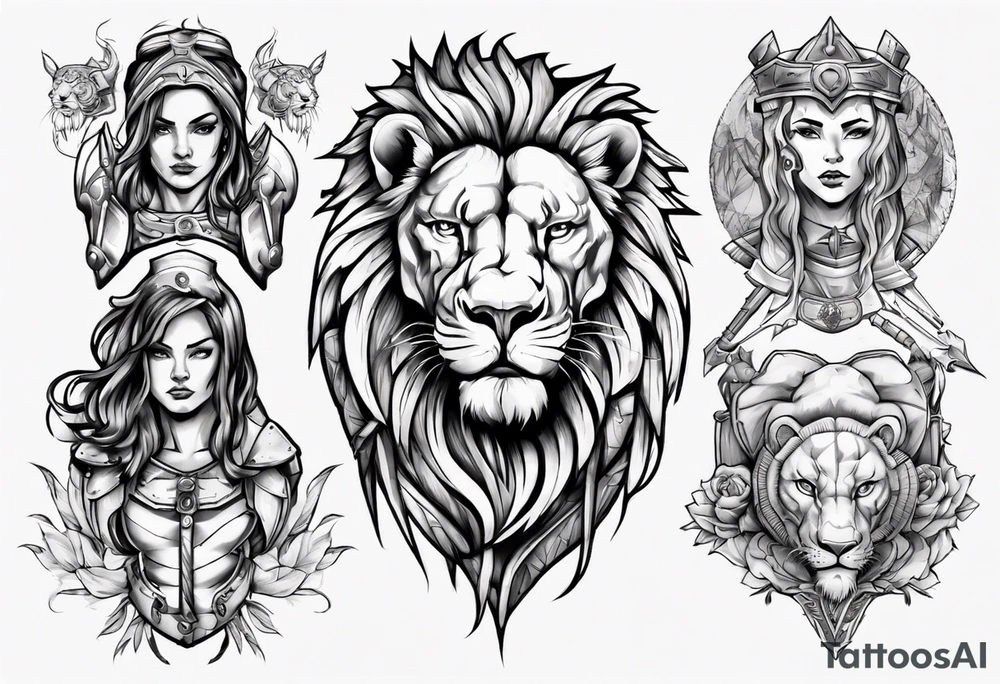 A warrior and a female lion tattoo idea