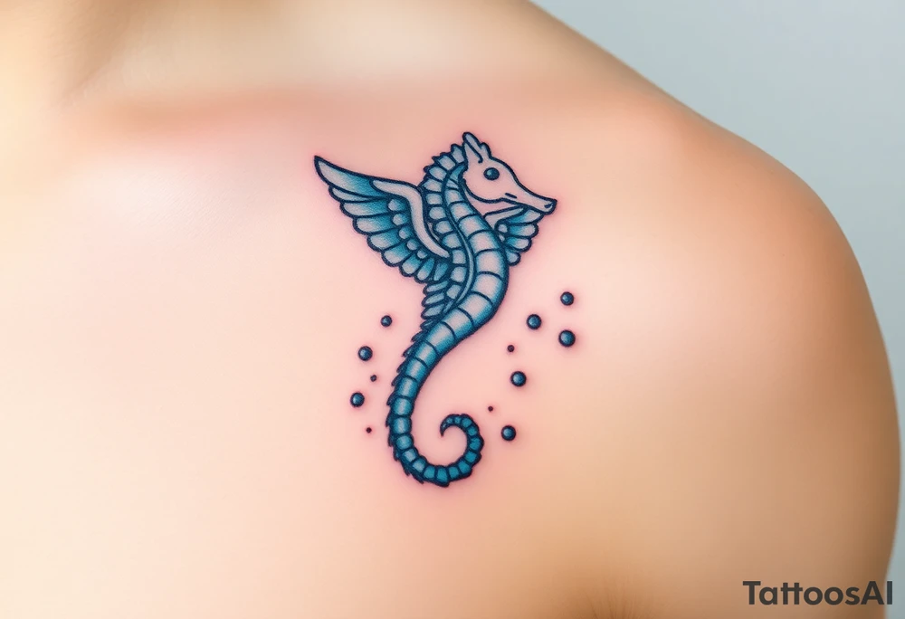 A seahorse with angelic wings in soft pastel blues and whites, leaving a sparkling trail of bubbles tattoo idea