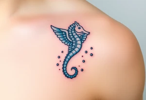 A seahorse with angelic wings in soft pastel blues and whites, leaving a sparkling trail of bubbles tattoo idea