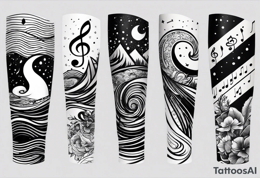 simple icons down the back of the arm featuring four icons:

1. a music note on a staff
2. a wave of water
3. a pocket
4. mushroom tattoo idea