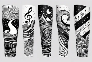 simple icons down the back of the arm featuring four icons:

1. a music note on a staff
2. a wave of water
3. a pocket
4. mushroom tattoo idea