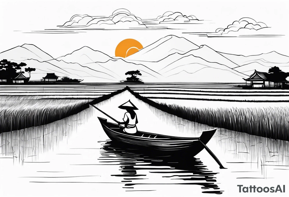 vietnamese lady on boat rice fields water sunset home tattoo idea