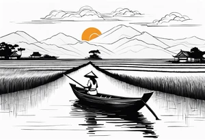 vietnamese lady on boat rice fields water sunset home tattoo idea