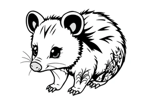 Cute cartoon opossum with anime style eyes, black detailed leg tattoo tattoo idea