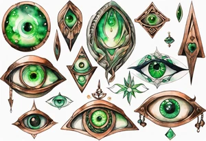 a copper and green eye-shaped amulet tattoo idea