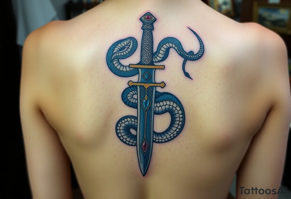 mystical snake coiled around an ancient dagger with jeweled hilt tattoo idea