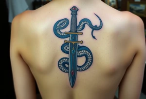 mystical snake coiled around an ancient dagger with jeweled hilt tattoo idea