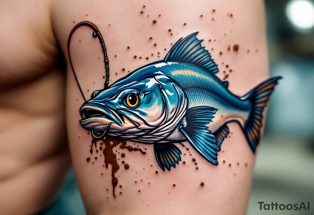Catfish Catch Moment – A snapshot-style design of a realistic blue catfish just as it bites a rusted fishing hook, with splashes of muddy water and tension in the line—ideal for fishing enthusiasts. tattoo idea