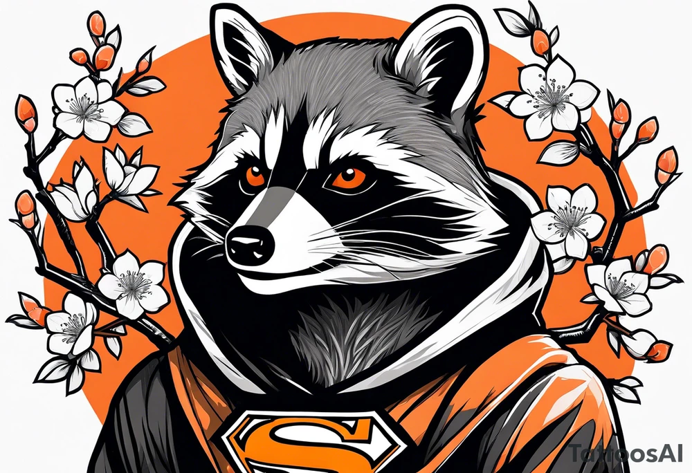 Raccoon wearing a white Superman logo on a black hoodie and orange Japanese cherry blossoms tattoo idea