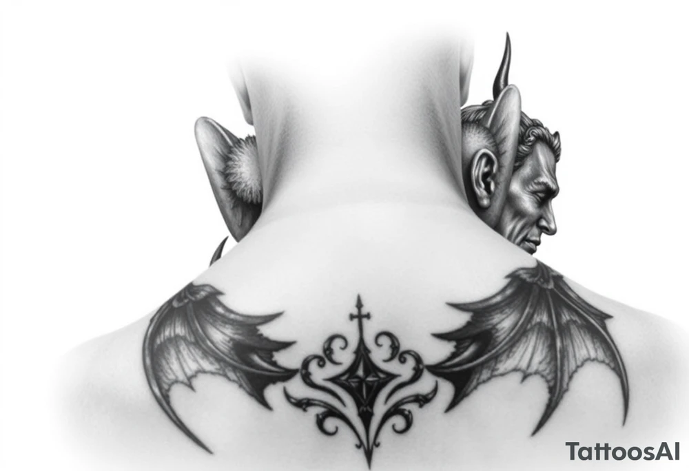 position behind the neck Angel (on the right) whispering in the right ear, demon (on the left) whispering in the left ear. It must be as realistic as possible. tattoo idea