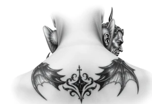 position behind the neck Angel (on the right) whispering in the right ear, demon (on the left) whispering in the left ear. It must be as realistic as possible. tattoo idea