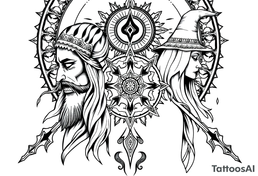 long shaman and witch abstracstyle mytical with ancient rhyme tattoo idea