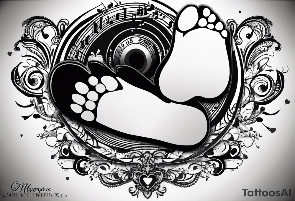 Baby footprint made up of child's birth information surrounded by music tattoo idea