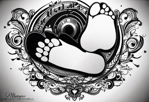 Baby footprint made up of child's birth information surrounded by music tattoo idea
