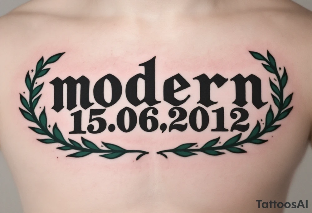 Modern 15.06.2012 in typewriter font encased in a dusty green laurel wreath. tattoo idea