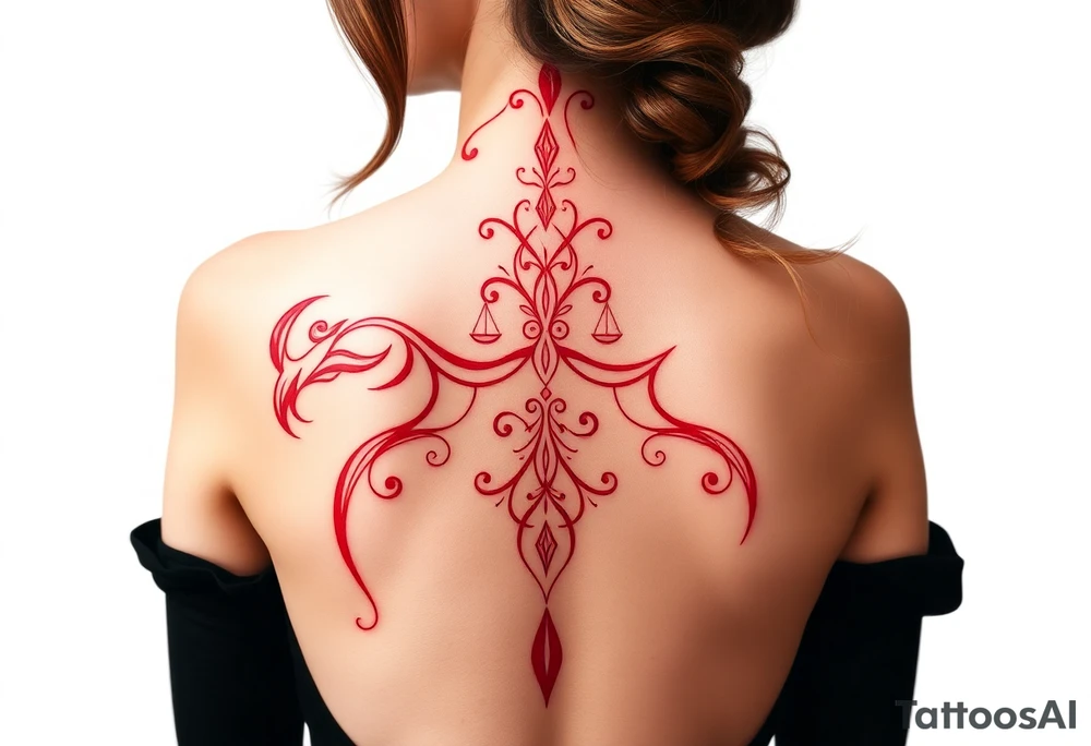 Tattoo that combines the star sign Taurus and Libra ,in red , down the spine tattoo idea