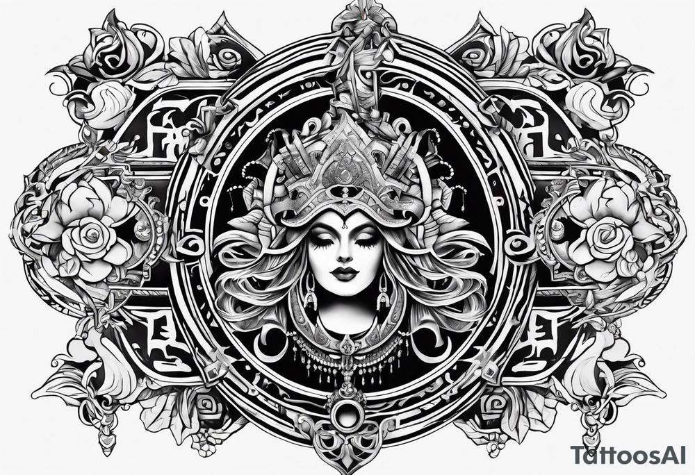 Labyrinth with symbols of bells and masquerade tattoo idea