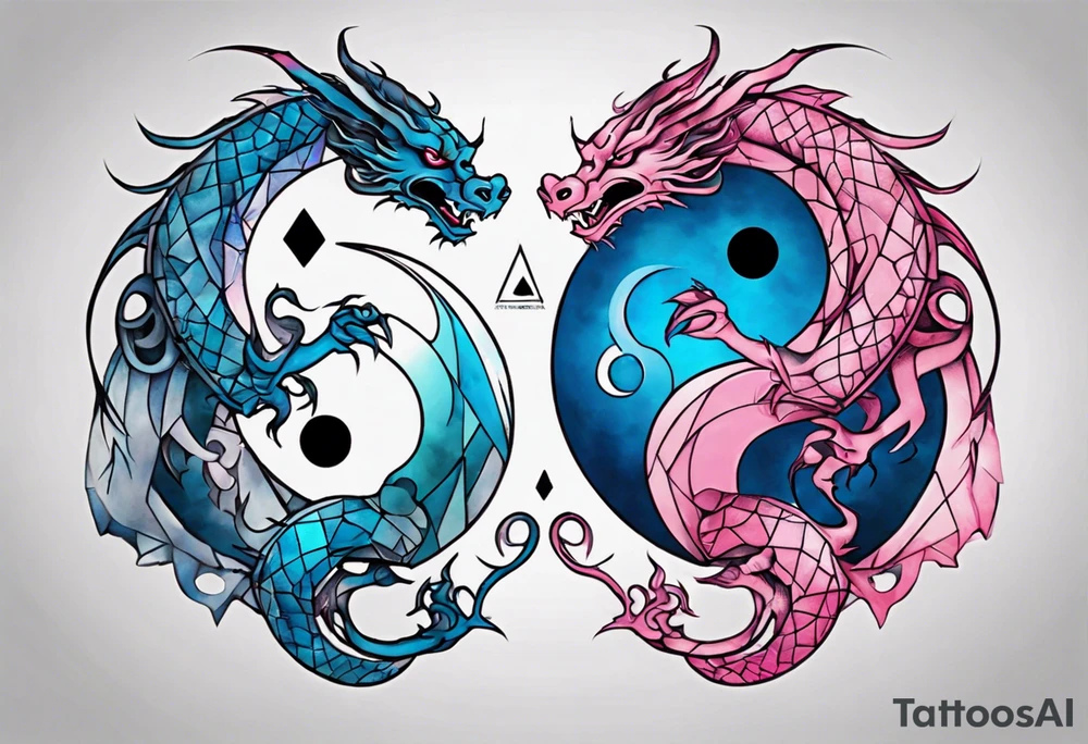 ying yang two dragon stones blue & pink tattoo idea
