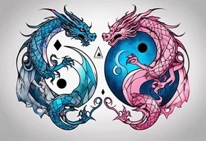 ying yang two dragon stones blue & pink tattoo idea