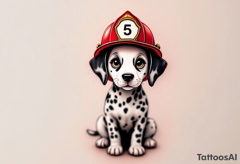 A Dalmatian wearing a firefighter’s red helmet, sitting proudly with a playful yet heroic expression, in realistic black and white tones. tattoo idea