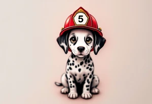 A Dalmatian wearing a firefighter’s red helmet, sitting proudly with a playful yet heroic expression, in realistic black and white tones. tattoo idea