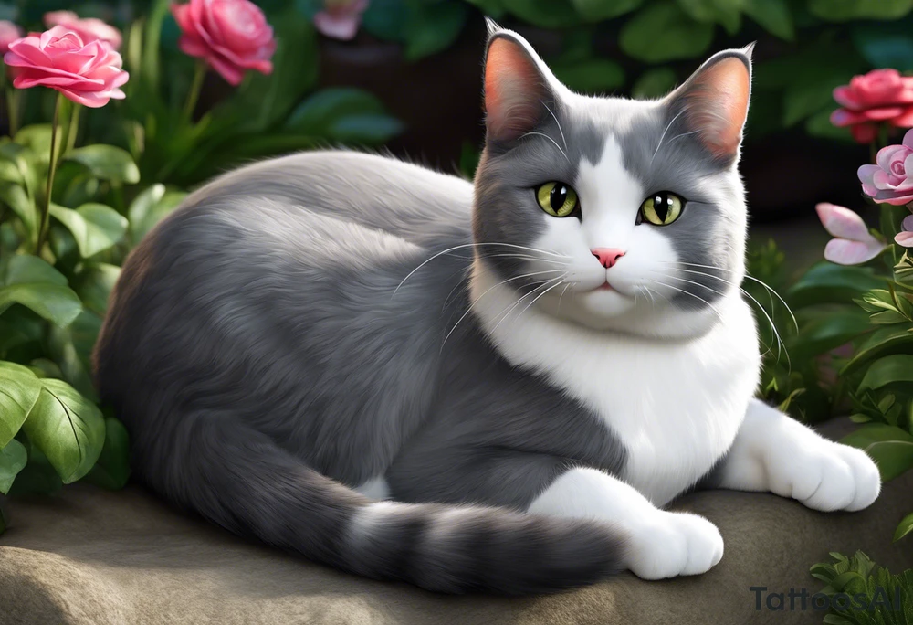Grey and white cat. She has mostly grey body, smaller white patches on her belly, all four paws are white, but her legs are grey.  she has a tiny little white moustache. White whiskers. She is on the larger side for a cat. I want the tattoo to reflect her sweet personality. She loved sunshine and flowers. She is recently passed away and I would like a memorial tattoo of my sweet baby cat. I want a black and white simple sketch. Her face is completely grey except a tiny white moustache below her nose. tattoo idea