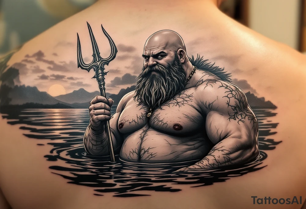 young, happy, fat, balding, poseidon in calm water, holding a trident, drinking a beer, with sunset, with ski boat tattoo idea