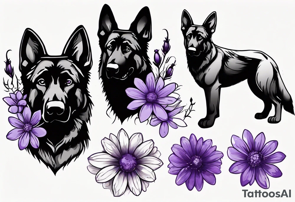Dark brown German Shepherd with purple daisies tattoo idea