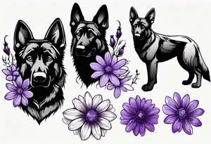 Dark brown German Shepherd with purple daisies tattoo idea
