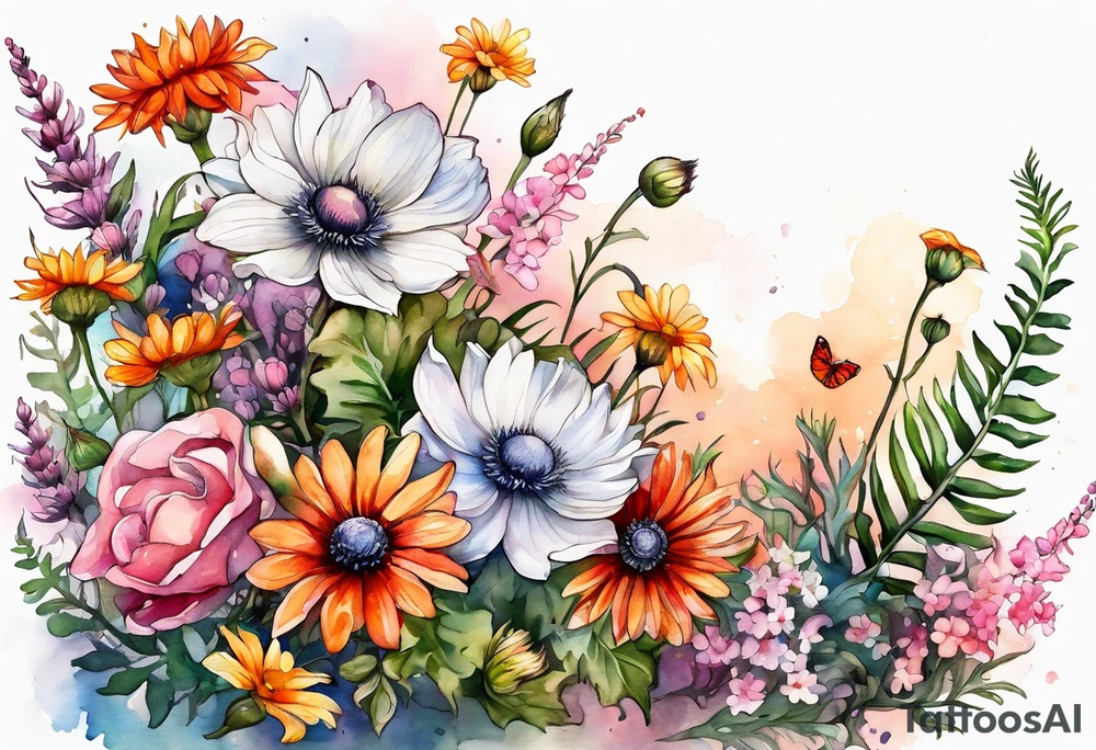 wildflowers cascading with thistles, ferns, white anemones, sun flowers, orange flowers, pink flowers, red flowers, babys breath and daisies all in watercolor tattoo idea