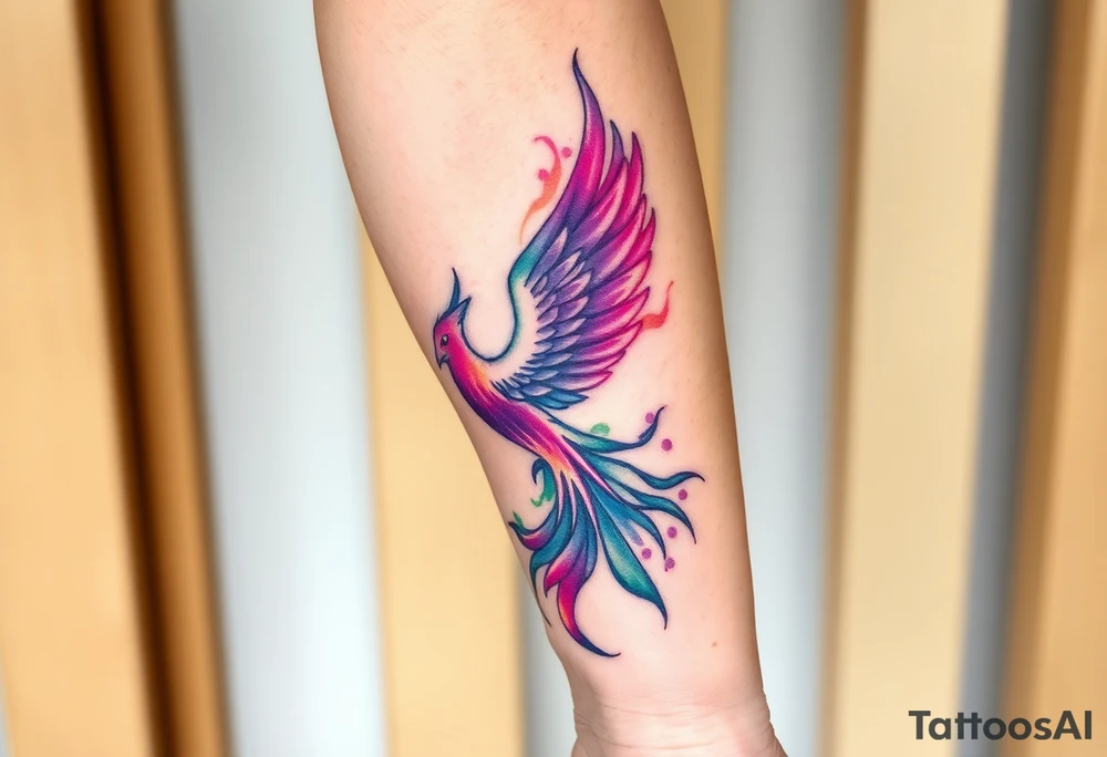 Phoenix with blazing flames with purple and green tattoo idea
